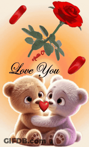 A Couple Of Teddy Bears Hugging With The Words Love You Above GIF