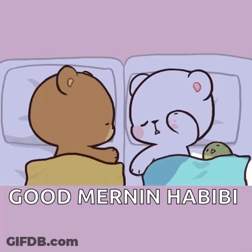 A Couple Of Teddy Bears Kissing With The Words Good Mernin Habibi Below Them GIF