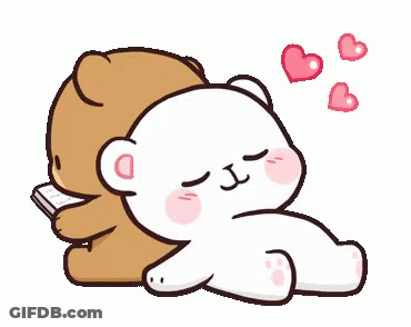A Couple Of Teddy Bears Laying Next To Each Other With Hearts Coming Out Of Their Mouths . GIF