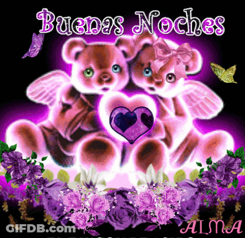 A Couple Of Teddy Bears Sitting Next To Each Other With The Words Buenas Noches GIF