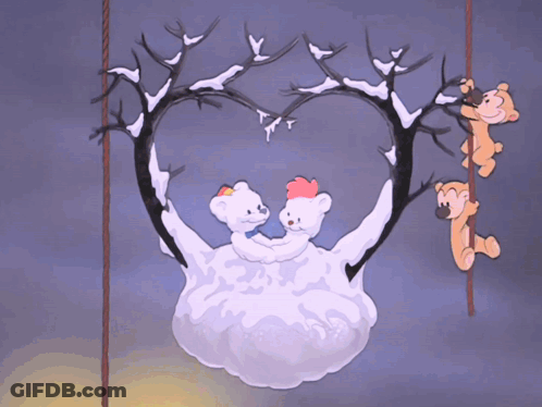 A Couple Of Teddy Bears Sitting On A Cloud Shaped Like A Heart GIF