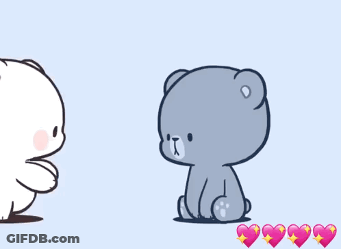 A Couple Of Teddy Bears Standing Next To Each Other With Hearts Surrounding Them GIF