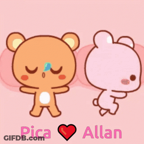 A Couple Of Teddy Bears Standing Next To Each Other With Pica And Allan Written On The Bottom GIF