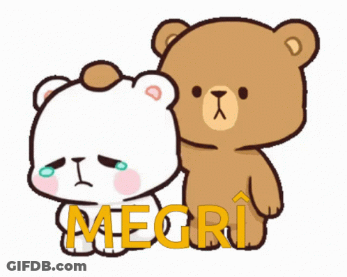 A Couple Of Teddy Bears Standing Next To Each Other With The Word Megri Written On The Bottom GIF