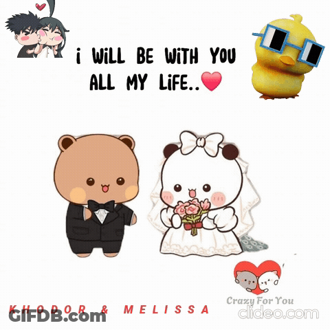 A Couple Of Teddy Bears Standing Next To Each Other With The Words " I Will Be With You All My Life " On The Bottom GIF