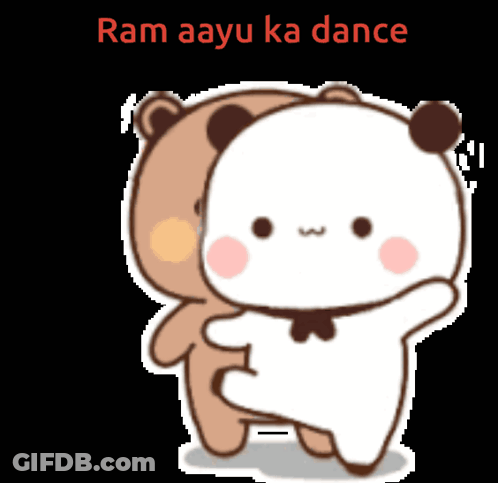 A Couple Of Teddy Bears Standing Next To Each Other With The Words Ram Aayu Ka Dance Below Them GIF