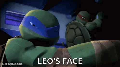 A Couple Of Teenage Mutant Ninja Turtles Are Standing Next To Each Other And One Of Them Is Saying Leo 'S Face GIF