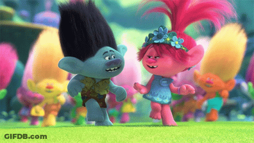 A Couple Of Trolls Are Standing Next To Each Other GIF