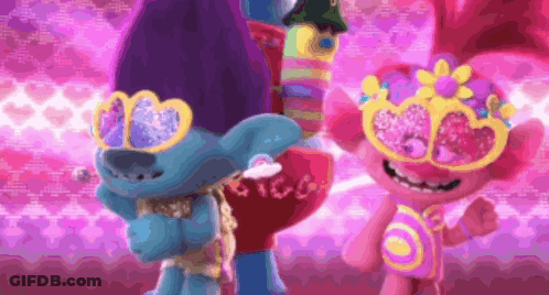 A Couple Of Trolls Wearing Heart Shaped Sunglasses Standing Next To Each Other . GIF