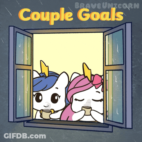 A Couple Of Unicorns Are Looking Out Of An Open Window With The Words Couple Goals Written Above Them GIF