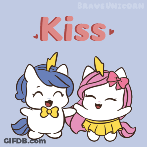 A Couple Of Unicorns Are Standing Next To Each Other With The Word Kiss Written Above Them GIF
