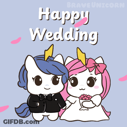 A Couple Of Unicorns Are Standing Next To Each Other With The Words Happy Wedding Written Above Them GIF
