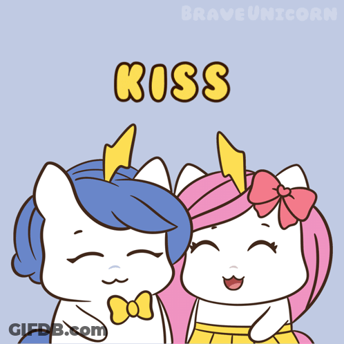 A Couple Of Unicorns Standing Next To Each Other With The Word Kiss Written Above Them GIF