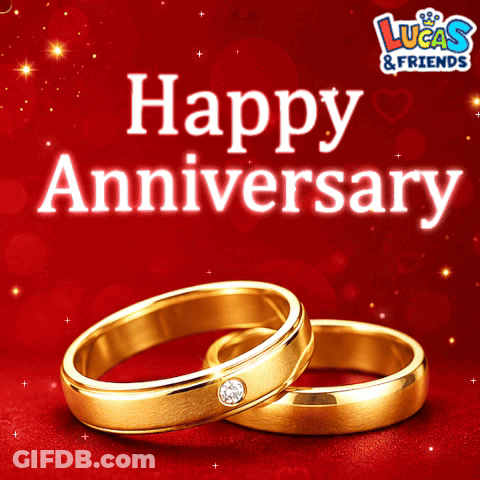 A Couple Of Wedding Rings On A Red Background With The Words " Happy Anniversary " GIF