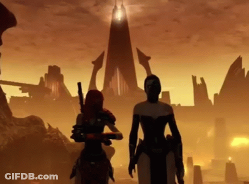 A Couple Of Women Standing Next To Each Other In Front Of A Castle In A Video Game . GIF