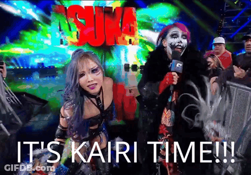 A Couple Of Women Standing Next To Each Other With The Words " It 'S Kairi Time !!! " GIF
