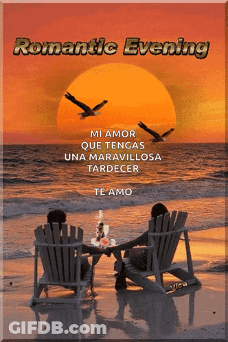 A Couple Sits In Chairs On A Beach With The Words Romantic Evening GIF