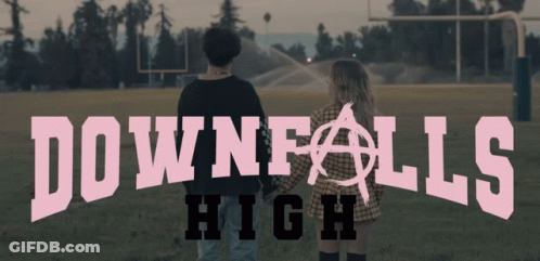 A Couple Standing In A Field With The Words Downfalls High Above Them GIF