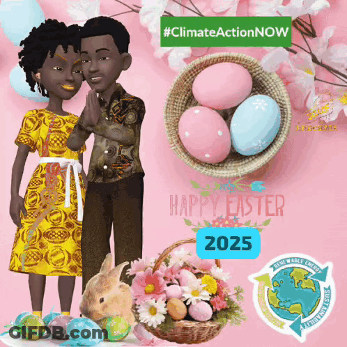 A Couple Standing Next To A Basket Of Easter Eggs And Flowers GIF