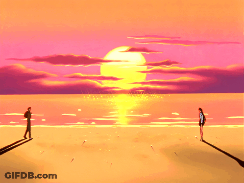 A Couple Standing On A Beach At Sunset GIF