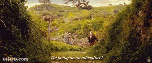 A Couple Walking Through A Hedge With The Words I 'M Going On An Adventure Below Them GIF