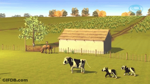 A Cow And Two Calves Are Walking In A Field With A Horse In The Background GIF