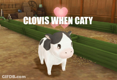 A Cow In A Barn With The Words Clovis When Caty Written Above It GIF