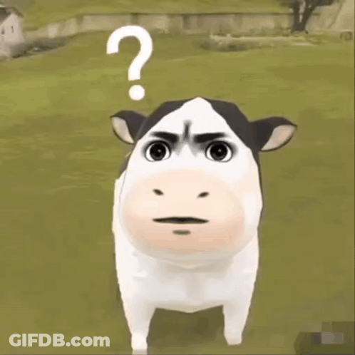 A Cow With A Question Mark On Its Head Is Standing In A Grassy Field . GIF