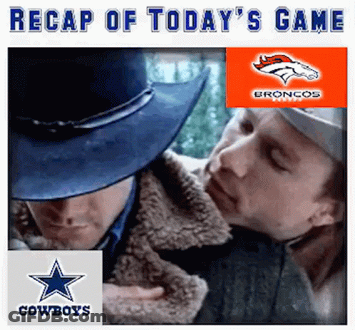 A Cowboy And A Broncos Logo Are On A Poster For A Cowboys Game GIF