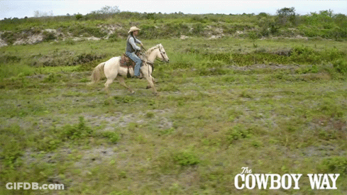 A Cowboy Is Riding A White Horse In A Field With The Cowboy Way Written On The Bottom GIF