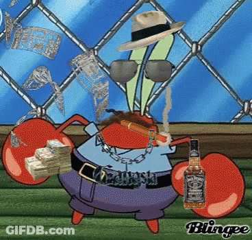 A Crab From Spongebob Is Holding A Stack Of Money And A Bottle Of Jack Daniel 'S GIF