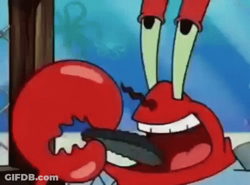 A Crab From Spongebob Squarepants Is Eating A Piece Of Fish . GIF