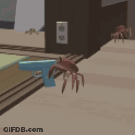 A Crab Is Standing Next To A Toy Gun On A Wooden Floor . GIF