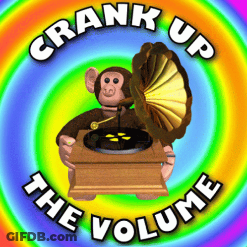 A Crank Up The Volume Logo With A Monkey Playing A Record On A Record Player GIF