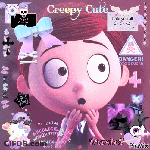 A Creepy Cute Collage With A Cartoon Character GIF