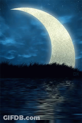 A Crescent Moon Is Reflected In A Body Of Water With The Letters Dx Below It GIF