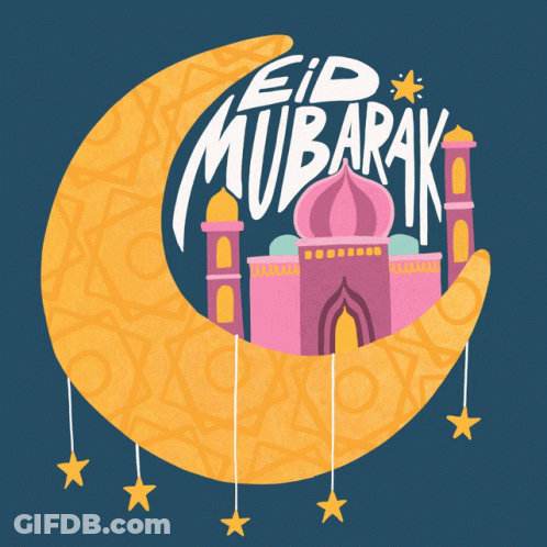 A Crescent Moon With A Pink Mosque And The Words Eid Mubarak On It GIF