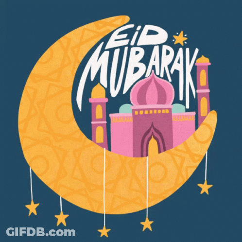 A Crescent Moon With A Pink Mosque And The Words Eid Mubarak On It GIF