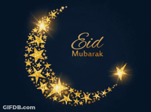 A Crescent Moon With Gold Stars And The Words Eid Mubarak On The Bottom GIF