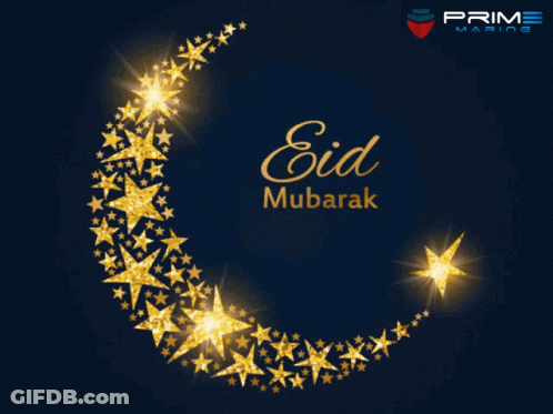A Crescent Moon With Gold Stars And The Words Eid Mubarak GIF