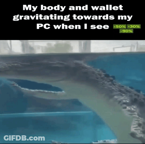 A Crocodile Is Swimming In A Tank With A Caption That Says My Body And Wallet Gravitating Towards My Pc GIF