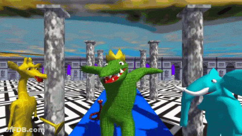 A Crocodile Wearing A Crown Is Surrounded By Elephants And Giraffes GIF