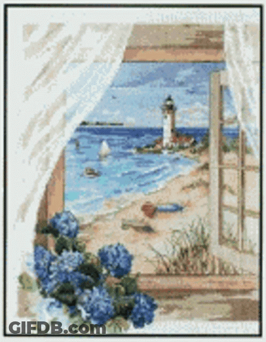 A Cross Stitch Pattern Shows A Lighthouse On The Shore GIF