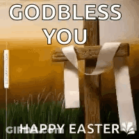 A Cross With A White Ribbon Around It And The Words `` Godbless You Happy Easter '' . GIF