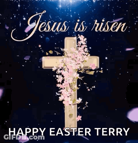 A Cross With Flowers On It And The Words `` Jesus Is Risen '' GIF