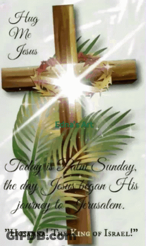 A Cross With Palm Leaves And The Words Hug Me Jesus Today Is Palm Sunday GIF