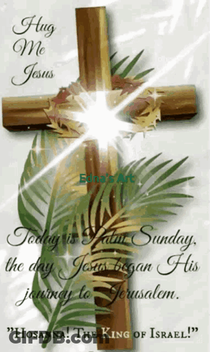 A Cross With Palm Leaves And The Words " Hug Me Jesus Today Is Palm Sunday " GIF