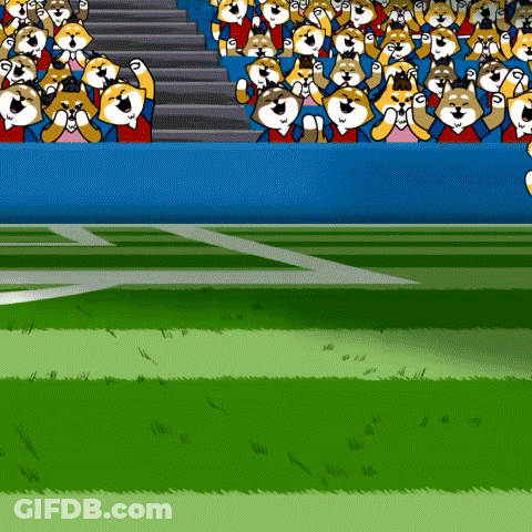 A Crowd Of Cartoon Dogs Are Cheering On A Soccer Field GIF