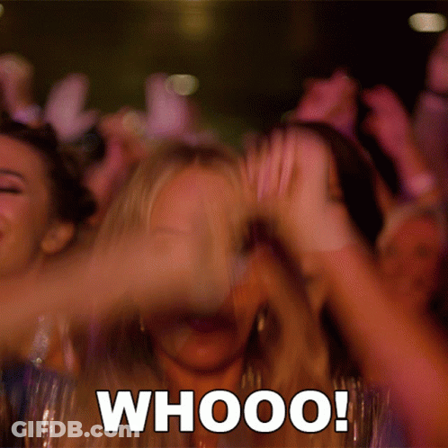 A Crowd Of People Applauding With The Words Whooo Written In Black GIF