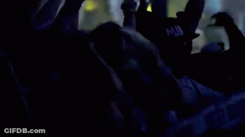 A Crowd Of People Are Dancing At A Concert And Their Hands Are In The Air . GIF